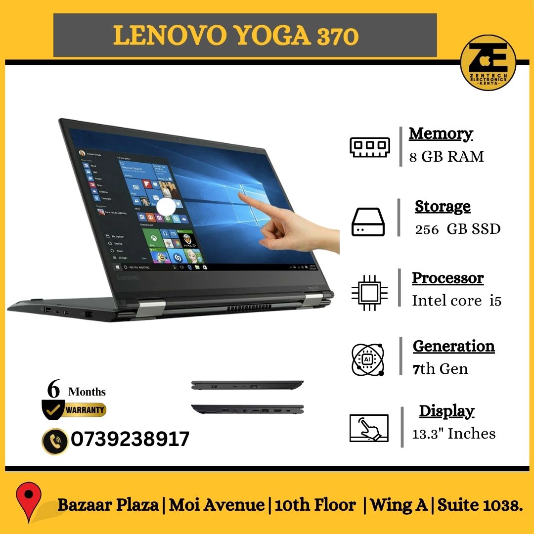 Lenovo Yoga 370 x360 Convertible laptop in black color, showcasing the screen in landscape mode with a person's hand on the touchpad.